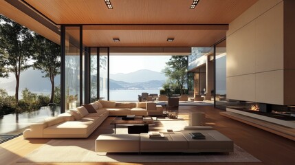 Wall Mural - Modern interior with fireplace, ocean and mountain views.