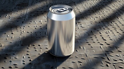 Poster - Aluminum can standing on textured metal surface casting shadows in a minimalistic composition