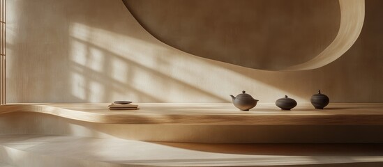 Poster - Minimalist tea room interior with wooden table and ceramic tea utensils under soft daylight shadows on curved beige walls with ample negative space