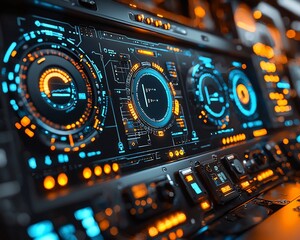 Poster - Futuristic spaceship control panel with glowing blue and orange displays.