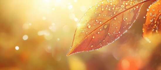 Poster - Sunlit golden leaf adorned with glistening dew droplets in warm bokeh background featuring soft light and ample space for text placement