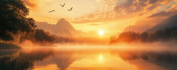 Wall Mural - Scenic view of a sunrise over a lake, serene and picturesque.