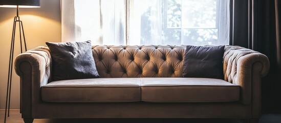 Poster - Contemporary taupe suede couch with tufted design ideal for stylish living room interiors and modern home decor settings.