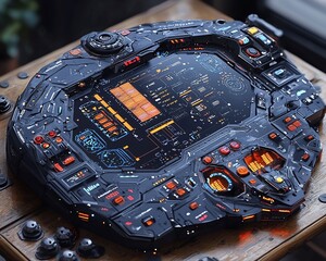Poster - Futuristic spaceship control panel on wooden table.