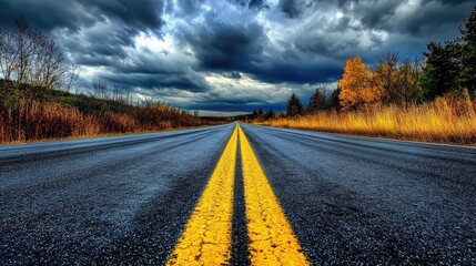 Wall Mural - Rural landscape featuring an empty road stretching into the distance beneath a dramatic cloudy sky with autumn foliage along the edges