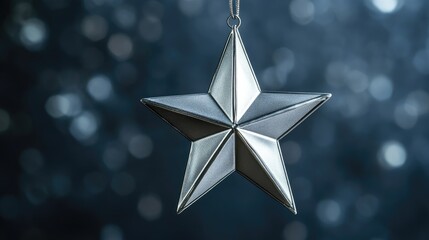 Poster - silver star decoration with shiny metallic finish against a blurred dark background for festive and holiday themed designs