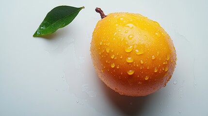 Aufkleber - Fresh mango with water droplets and green leaf on a clean white surface showcasing vibrant color and texture of the fruit