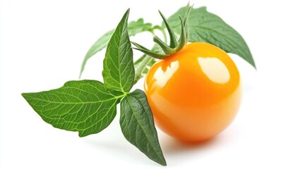 Aufkleber - Vibrant Orange Tomato with Green Leaves Isolated on a Clean White Background for Fresh Produce and Culinary Imagery