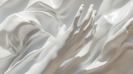 Aufkleber - Elegant white sculpted hand gestures amidst soft flowing fabric, showcasing a minimalist design with smooth curves and subtle textures in high detail.