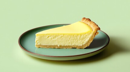 Aufkleber - Custard pie slice on a green plate showcasing creamy texture and flaky crust against a soft pastel background