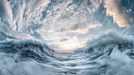 Poster - Dynamic Ocean Waves Under Dramatic Cloudy Sky with Sunlight Reflections at Marine Beach Panorama in Blue and White Hues