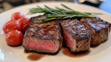 Aufkleber - Juicy sirloin steak served on a plate with grilled tomatoes and herbs for a gourmet dining experience