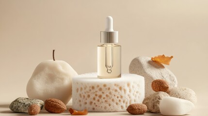 Aufkleber - Elegant skincare serum dropper bottle displayed on a textured white sponge amidst smooth candle stones and acorns in soft beige tones.