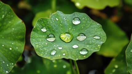 Aufkleber - Lotus Leaf with Glistening Water Droplets in Natural Environment
