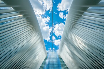 Wall Mural - Architectural fins framing blue sky with white clouds.