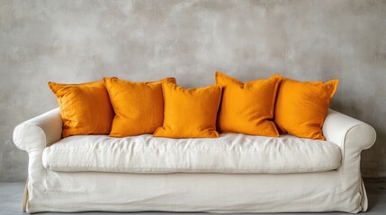 Poster - Sofa with orange pillows on a concrete wall showcasing modern farmhouse decor and stylish interior design mockup