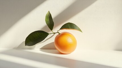 Aufkleber - Single Tangerine with Green Leaves on White Surface Casting Soft Shadows in Elevated Side View Composition