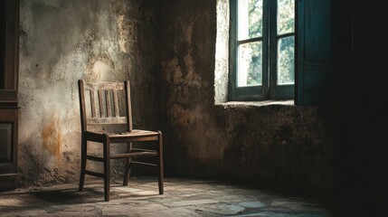 Poster - Rustic wooden chair positioned in a sunlit room with textured walls and a vintage window creating a serene atmosphere