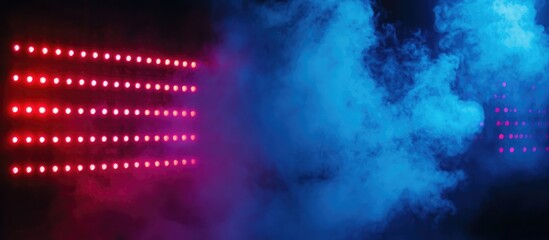 Aufkleber - Defocused blue LED light panel illuminated by vibrant red and blue neon lights amidst swirling smoke in a dark room for modern product display