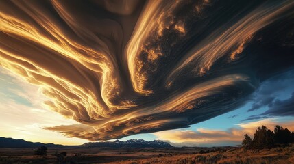 Aufkleber - Dynamic Golden Clouds Over Majestic Mountain Landscape at Sunset with Vibrant Sky and Dramatic Atmospheric Patterns in the Background