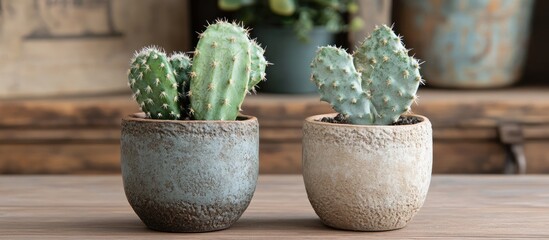 Poster - Cactus arrangement in rustic pots ideal for home decor or stylish office accents in a natural setting