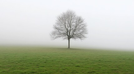 Poster - solitary tree in a misty field surrounded by lush green grass creating a serene and tranquil atmosphere in nature