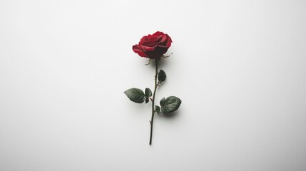 Aufkleber - Elegant single red rose with green leaves on a clean white background symbolizing love and passion for floral design concepts.