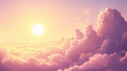 Aufkleber - Soft Pastel Sky at Sunrise with Gentle Pink and Lavender Clouds Illuminated by Warm Sunlight Overlooking a Serene Horizon