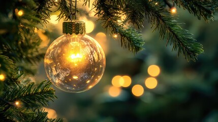 Poster - Elegant Christmas Ornament with Soft Warm Glow Hangs Among Green Pine Branches Creating a Tranquil Holiday Atmosphere with Bokeh Effect