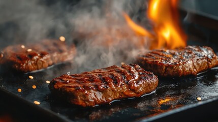 Poster - Grilling succulent steaks on a black griddle surrounded by flames and smoke for a mouthwatering culinary experience