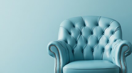 Poster - Vintage Sky Blue Leather Armchair with Tufted Design against Soft Light Blue Wall Ideal for Stylish Interior Decor Concepts