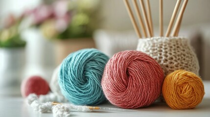 Poster - Vibrant skeins of soft yarn with knitting needles and crochet tools arranged on a cozy indoor table setting with natural light