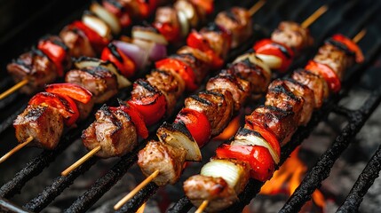 Poster - Grilled skewers featuring smoked pork, red pepper, and onion sizzling over an open flame in a barbecue setting