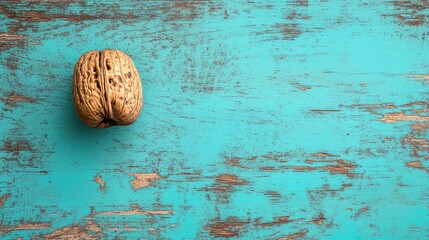 Poster - Walnut on textured turquoise wooden surface showcasing natural organic detail and vibrant color contrast in a minimalistic style