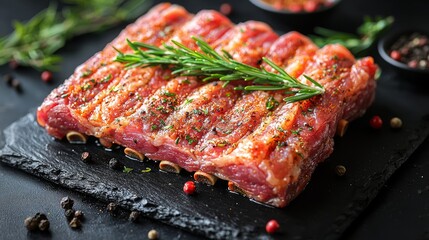 Wall Mural - Marinated pork ribs, rosemary, spices, dark background; food photography for recipe blogs