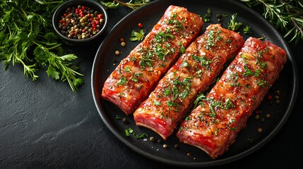 Wall Mural - Marinated pork ribs, herbs, spices, dark background, food photography, recipe