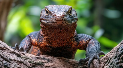 Poster - Giant red-brown monitor lizard perched on a tree trunk displaying aggression with a natural blurred background showcasing an endangered species