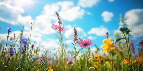 Canvas Print - Vibrant summer flower meadow filled with colorful wildflowers in foreground under a bright blue sky with white clouds creating a serene landscape