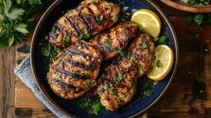 Aufkleber - Grilled Chicken Fillets with Mushroom Sauce Garnished with Fresh Herbs and Lemon Slices on Rustic Wooden Table with Blue Ceramic Plate