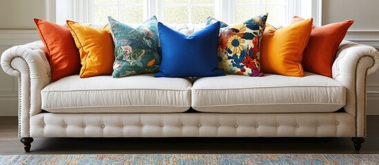 Aufkleber - Vibrant decorative pillows on a cozy white sofa enhancing living room comfort and style with cheerful colors and textures
