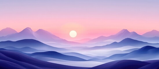 Poster - Tranquil sunrise hues of pink and orange illuminate misty blue mountains in a peaceful landscape with ample space for text and design elements.