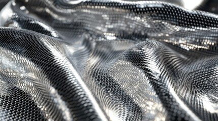Poster - Textured silver metallic mesh fabric with intricate details and reflections showcasing its smooth surface and versatility in design.