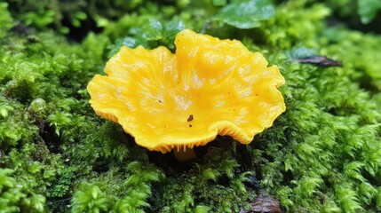 Poster - Vibrant yellow mushroom emerging from lush green moss in a natural forest setting showcasing detailed textures and colors.