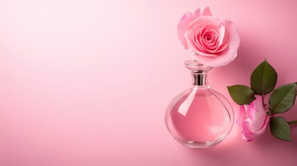 Aufkleber - Single pink rose in elegant glass vase on soft pink background perfect for promoting floral arrangements or beauty products