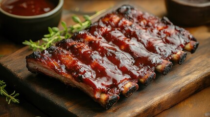 Poster - Succulent barbecue ribs coated in a glossy sauce served on a rustic wooden platter with herbs and tangy barbecue sauce on the side