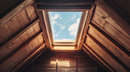 Aufkleber - Natural Light Regulating Skylight in Rustic Wooden Attic with Tudor Architecture Elements and Blue Sky Background