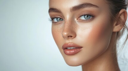 Poster - Professional Skincare Treatment Showcasing Radiant Complexion of Model with Freckles and Smooth Skin Against Soft Light Background