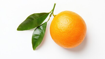 Aufkleber - Fresh orange with green leaves on a clean white background highlighting natural textures and vibrant colors for food and botanical themes.
