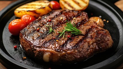 Poster - Grilled steak with grill marks served on a plate accompanied by grilled tomatoes and potatoes garnished with herbs