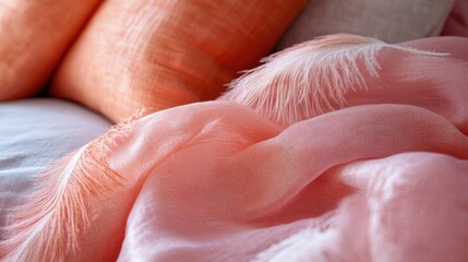 Aufkleber - Soft coral fabric with delicate feather accents bathed in gentle light for a serene and calming interior ambiance